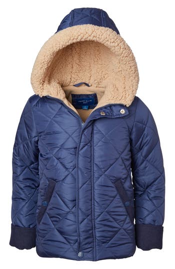 Perry Ellis Faux Shearling Lined Diamond Quilted Hooded Jacket In Blue
