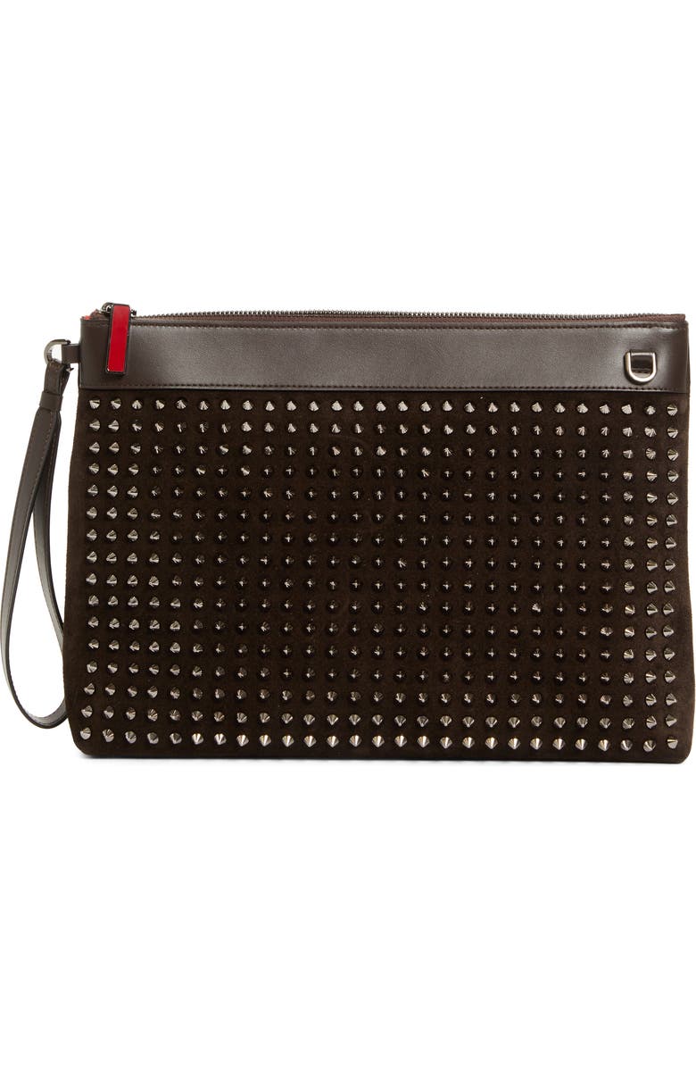 Christian Louboutin Funky Crosta Spikes Suede Wristlet Pouch, Main, color, Cafe/ Gun Metal