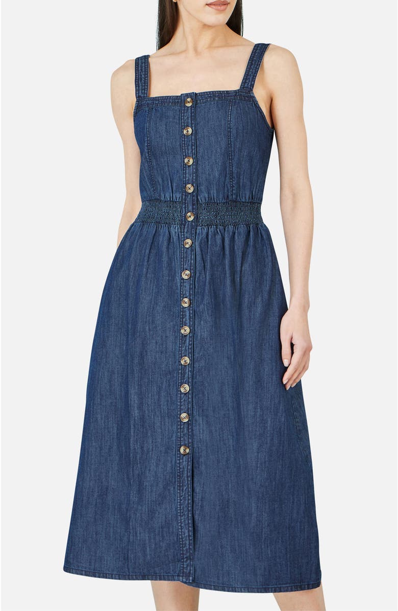 Yumi Chambray Cotton Ruched Midi Sun Dress, Alternate, color, Blue