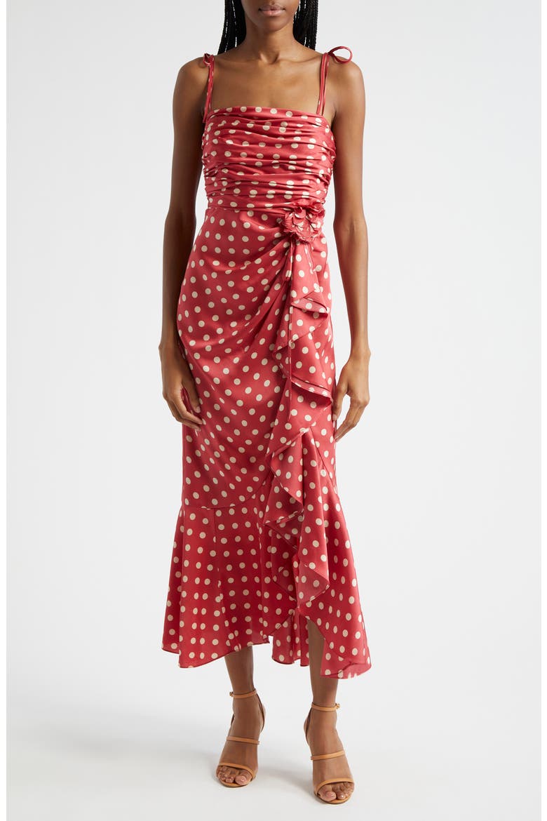 Mireya Polka Dot Side Ruffle Dress, Main, color, SOUR CHERRY/ PLASTER