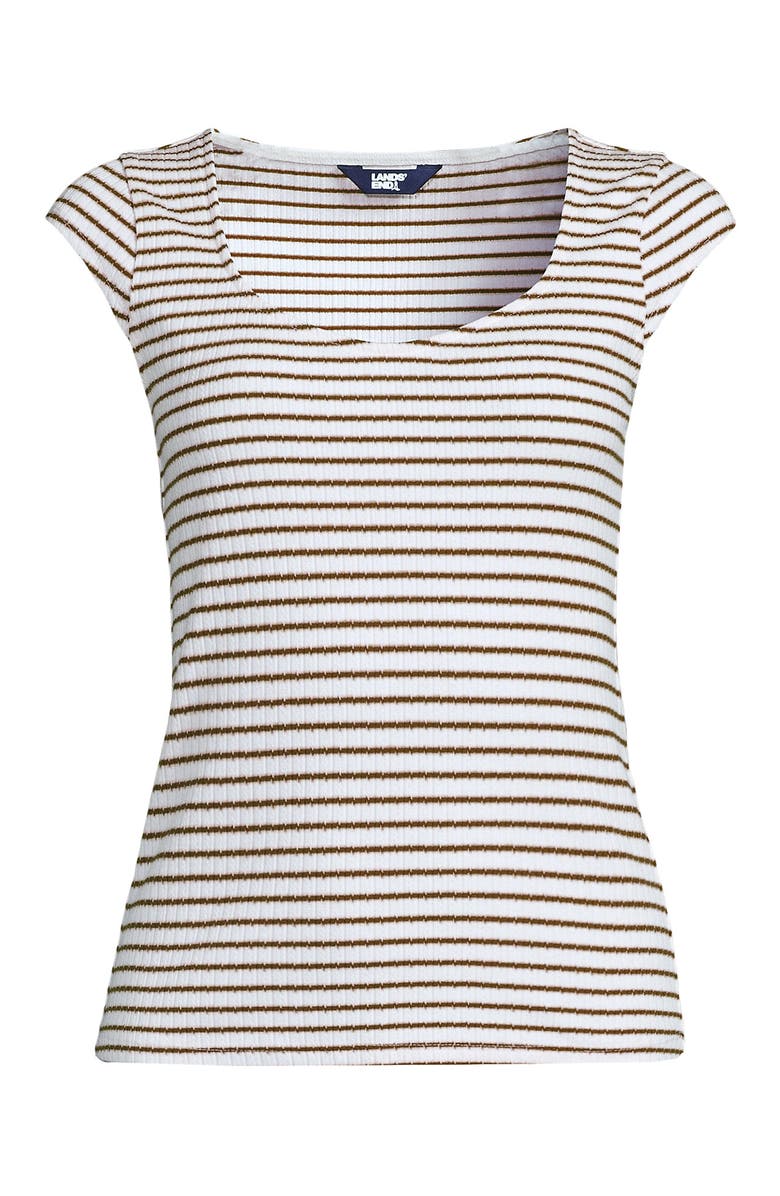 Lands' End Pointelle Cap Sleeve Top, Alternate, color, White/Coriander Easy Stripe