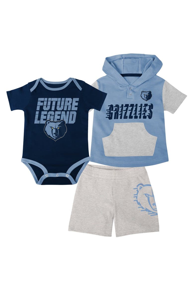 Infant Navy/Light Blue/Gray Memphis Grizzlies Bank Shot Bodysuit, Hoodie T-Shirt & Shorts Set, Main, color, Navy
