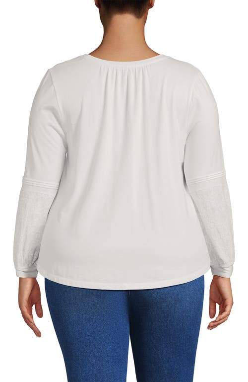 Lands' End Plus Size Lightweight Jersey Lace Mix Long Sleeve Pintuck Top In White