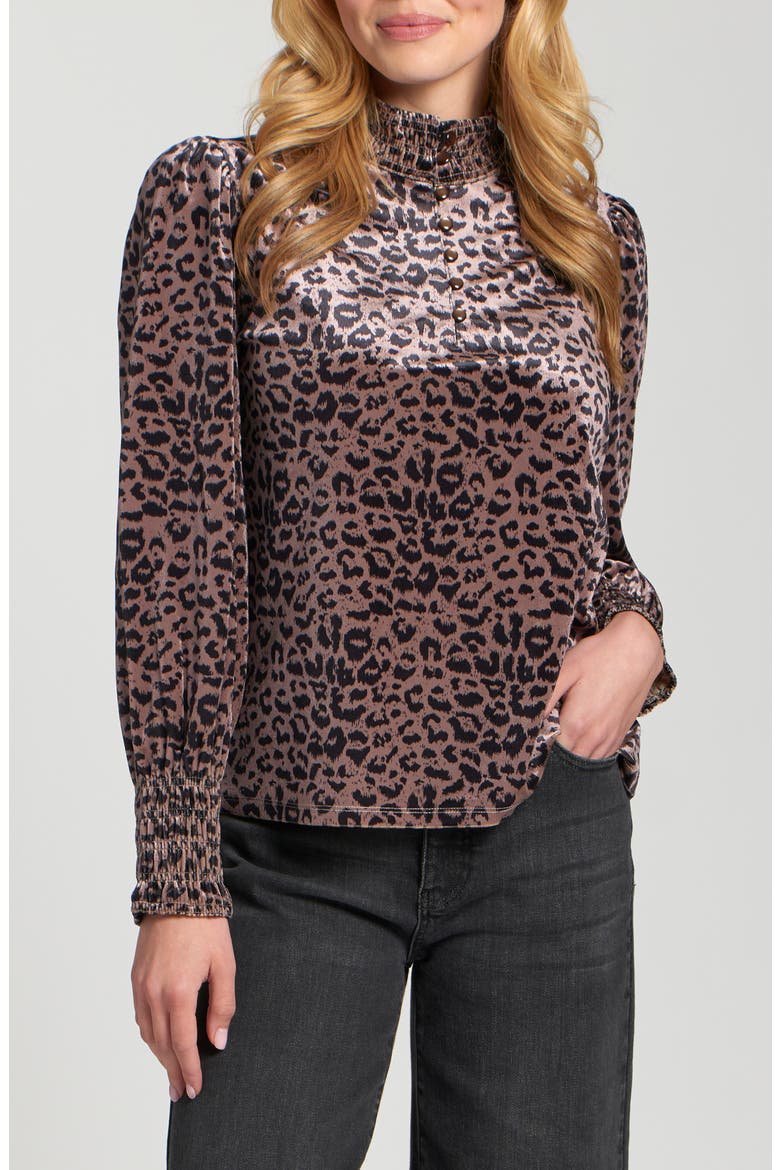 Puff Shoulder Button Front Top, Main, color, LATTE/ BLACK