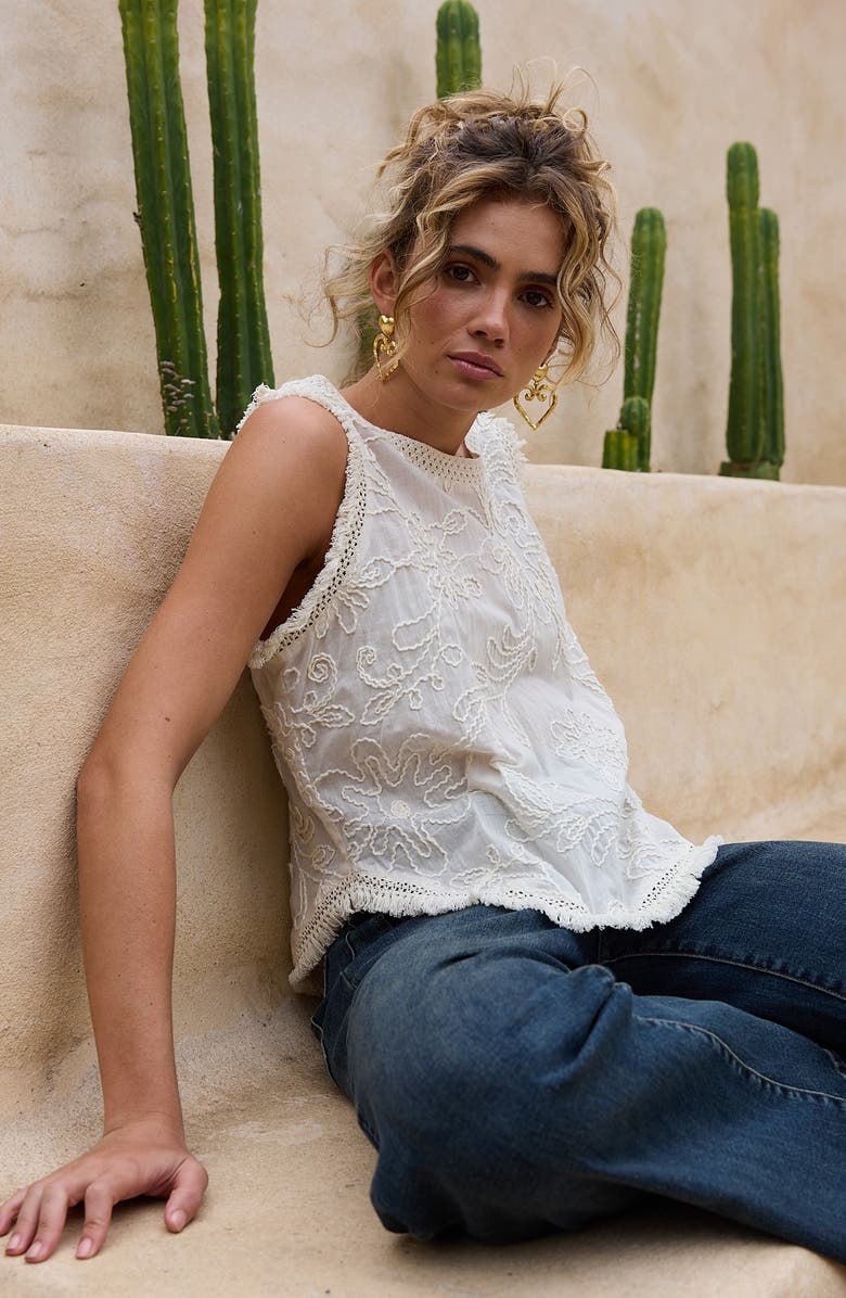 Talisman the Label Chantilly Floral Embroidered Fringe Cotton Voile Top, Alternate, color, Natural Embroidery