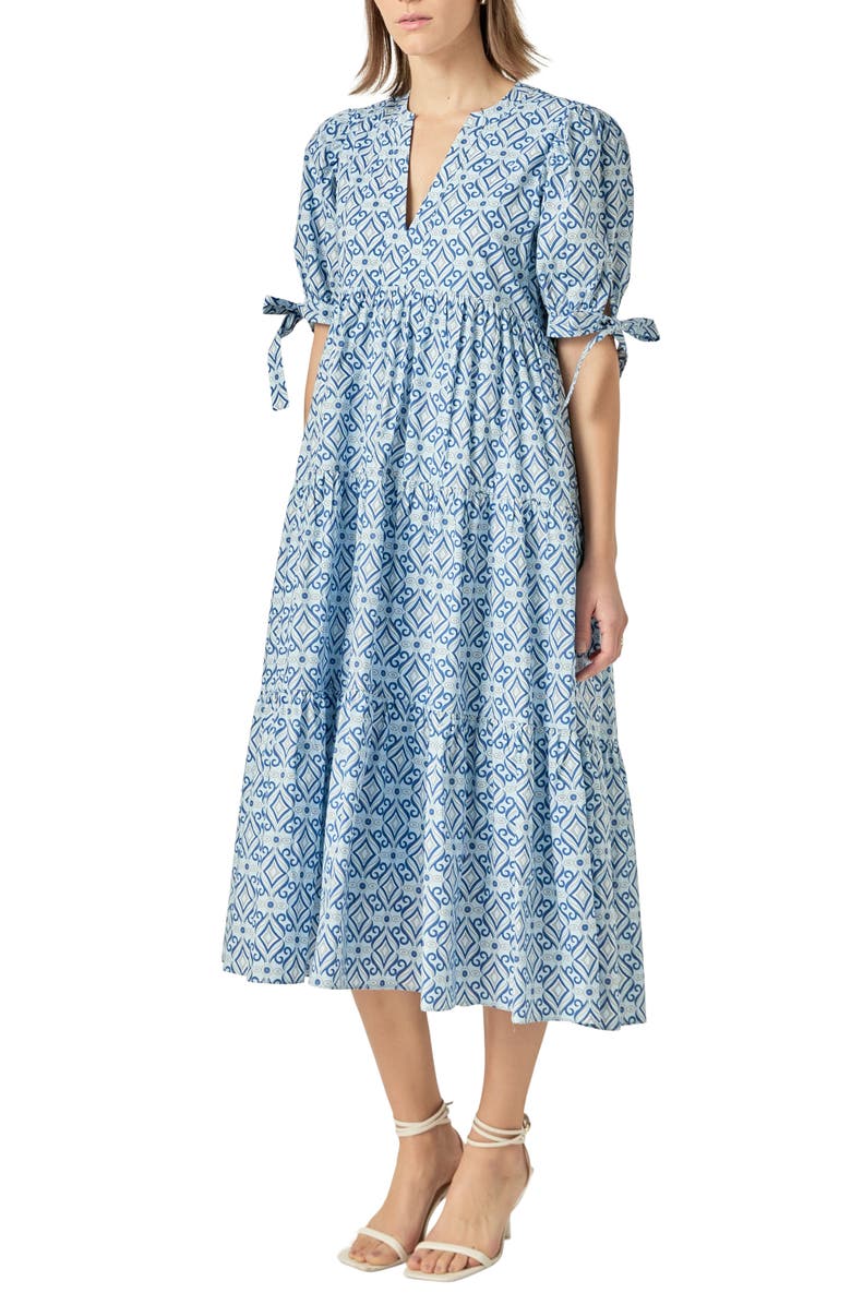 English Factory Print Bow Tiered Maxi Dress, Alternate, color, Blue Multi