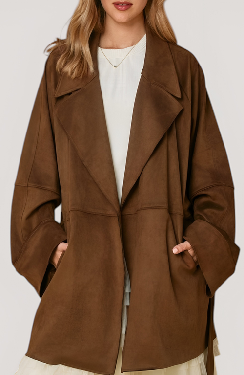 Modenaire Oversized Faux Suede Coat With Wide Lapels And Side Pockets In Brown