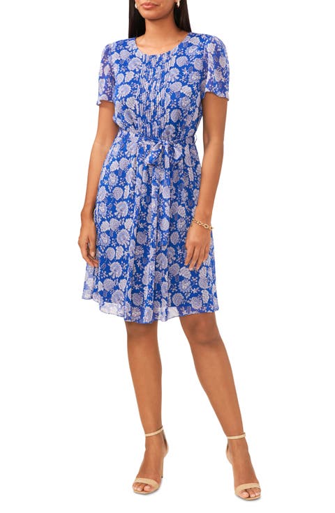 Belted Floral Pintuck Pleat Chiffon Dress