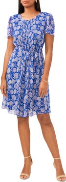 CeCe Belted Floral Pintuck Pleat Chiffon Dress