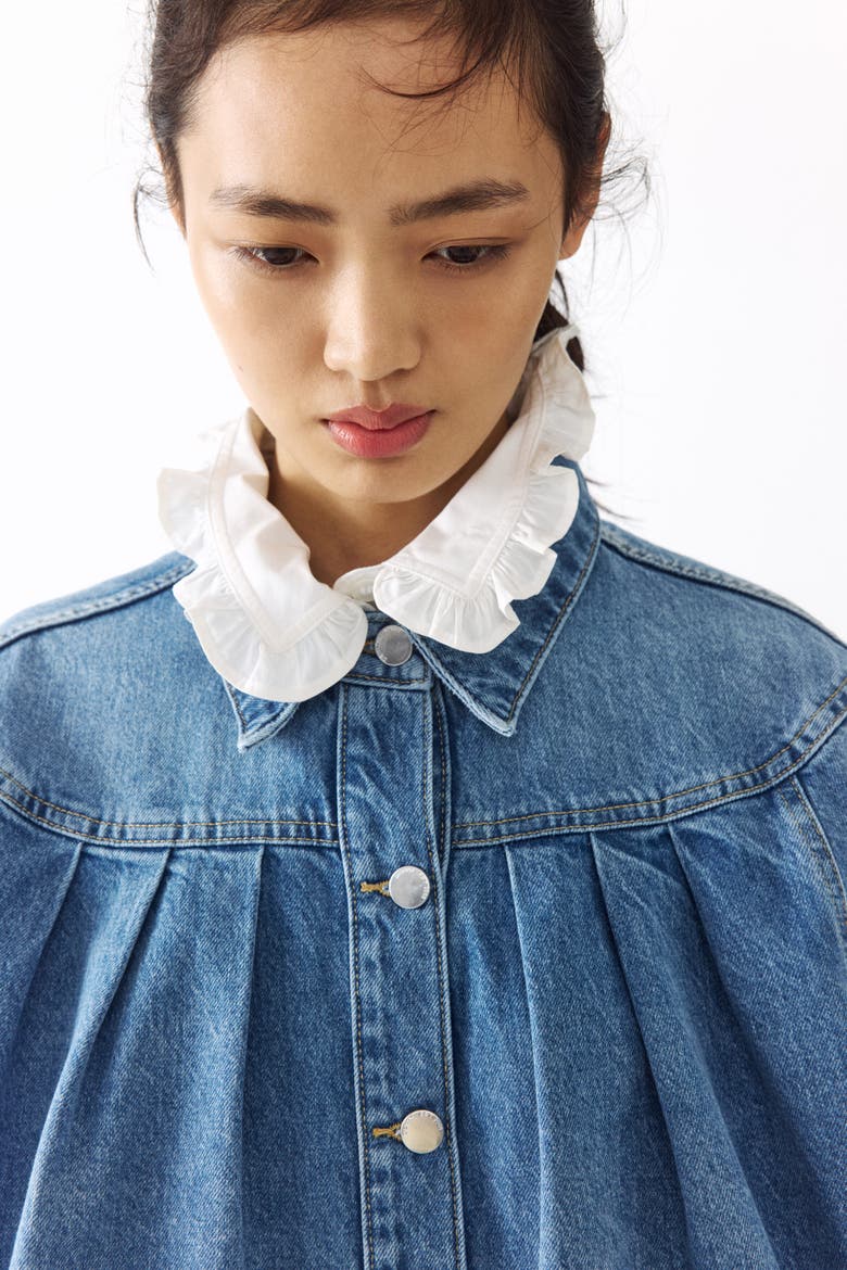 Oversized Pleated Denim Jacket, Alternate, color, Light denim blue