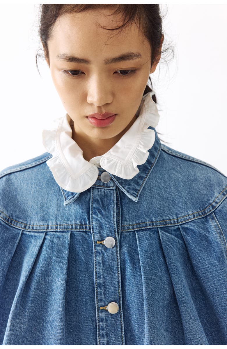 H&M Oversized Pleated Denim Jacket, Alternate, color, Light Denim Blue