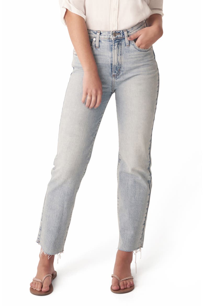 Highly Desirable High Waist Fray Hem Straight Leg Jeans, Main, color, INDIGO