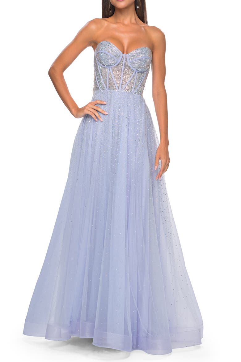 Rhinestone Embellished A-line Tulle Gown with Corset Top, Main, color, Light Periwinkle