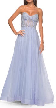 La Femme Rhinestone Embellished A-line Tulle Gown with Corset Top