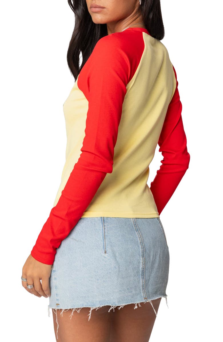 EDIKTED Colorblock Long Sleeve Cotton Graphic Baby Tee, Alternate, color, 