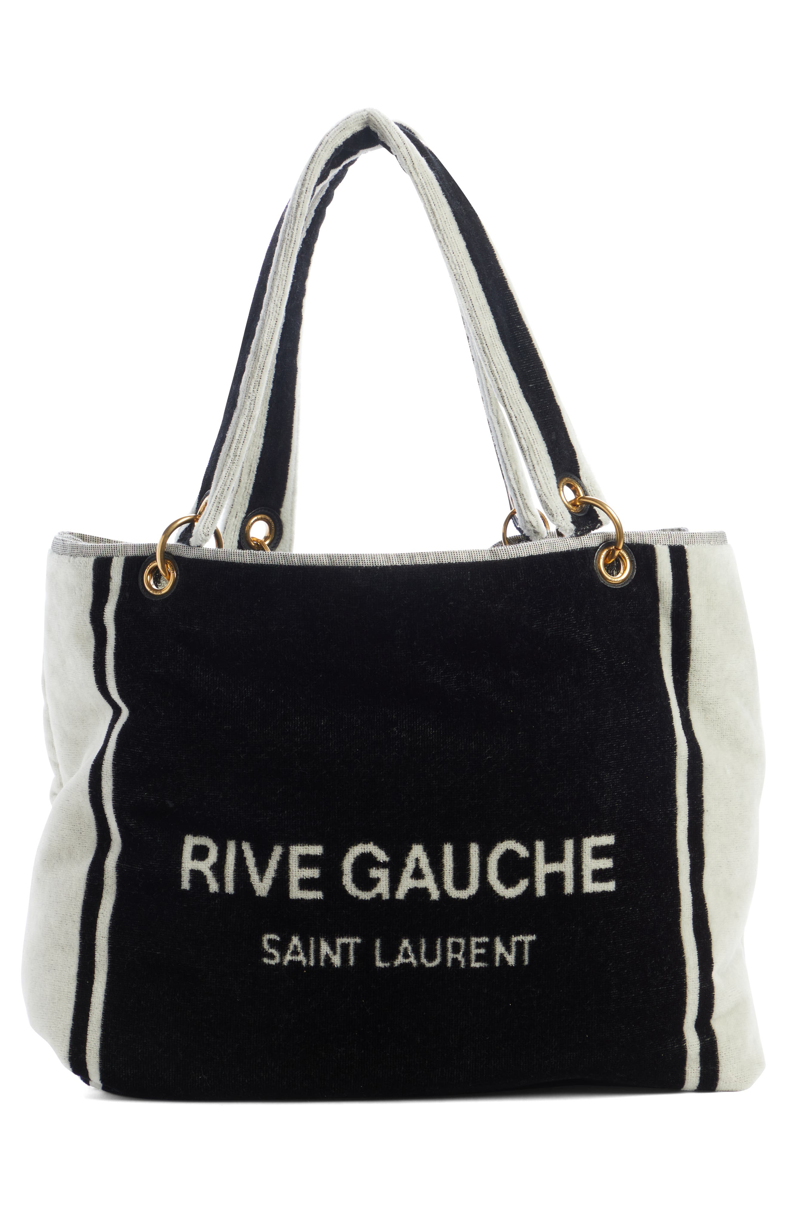 Saint Laurent Rive Gauche Noe Terrycloth Towel Tote, Main, color, Nero/ Bianco/ Nero