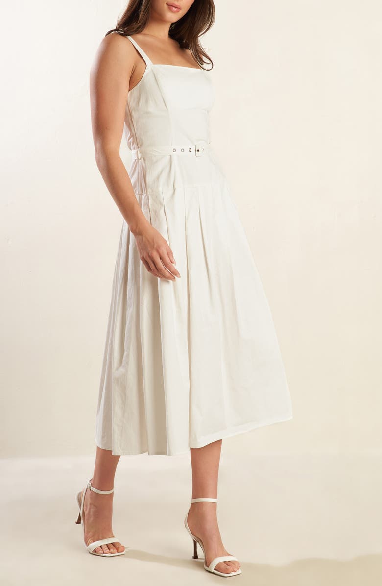 FREEMARKET Square Neck Belted Cotton Midi Sundress, Alternate, color, White