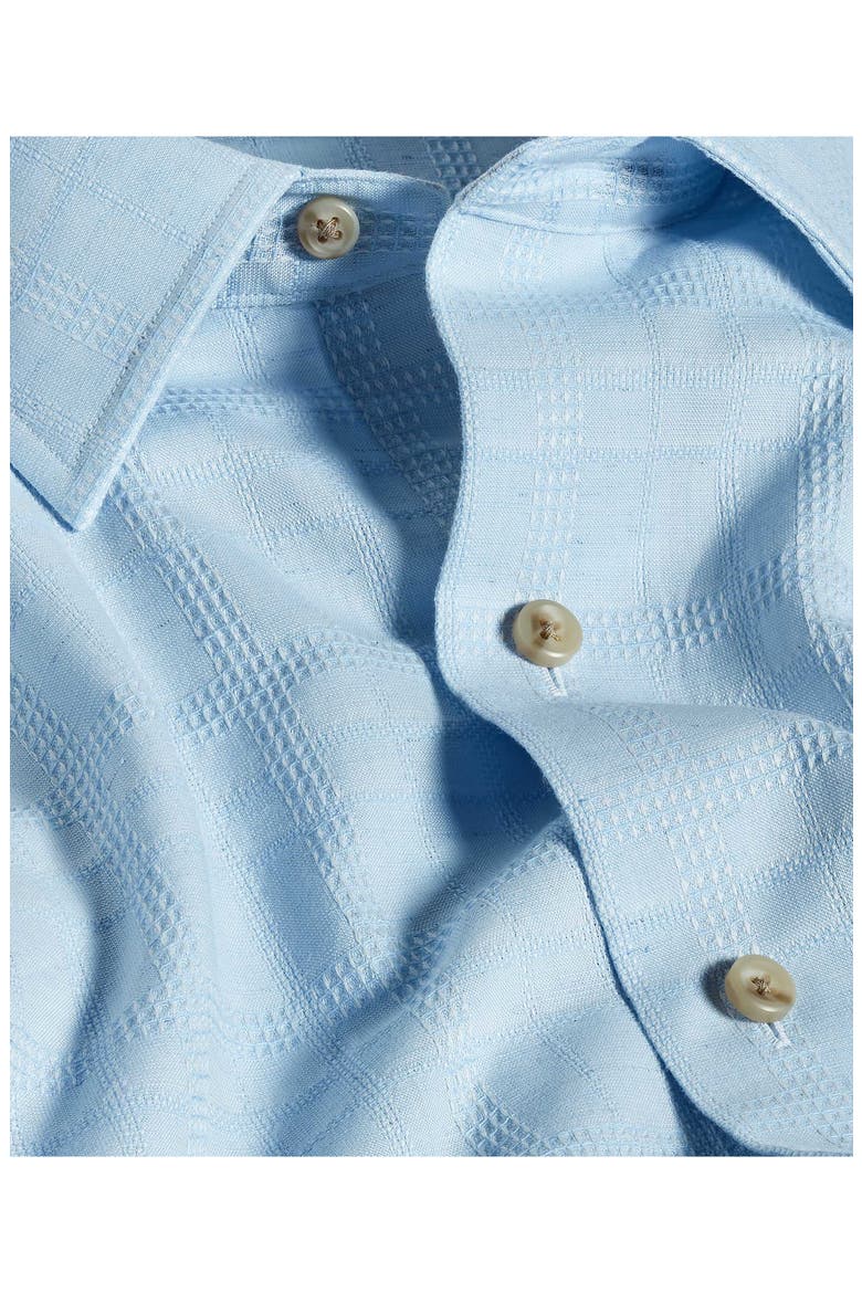 Geometric Embroidered Short Sleeve Cotton & Linen Button-Up Shirt, Alternate, color, SKY