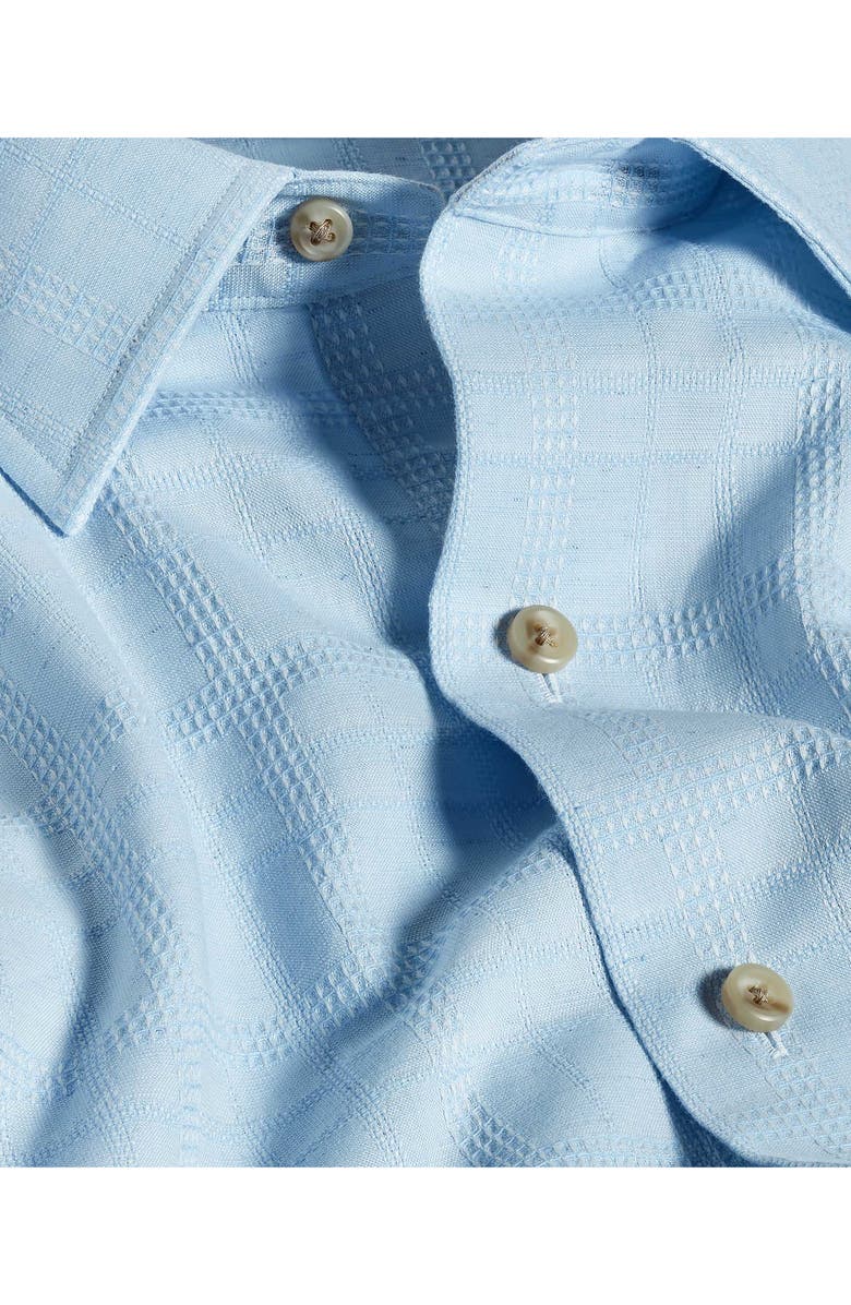 David Donahue Geometric Embroidered Short Sleeve Cotton & Linen Button-Up Shirt, Alternate, color, Sky