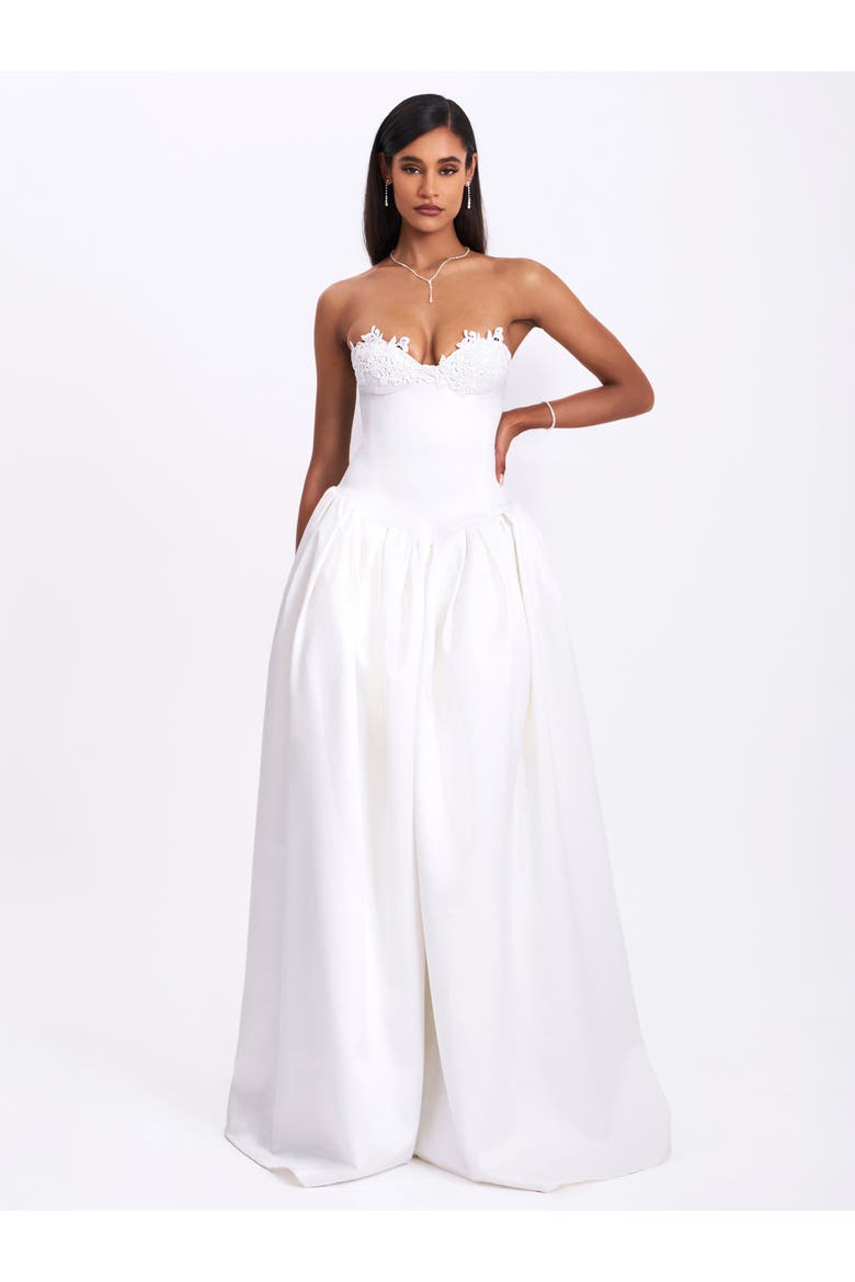 Naila Lace Trim Strapless Drop Waist Wedding Gown, Alternate, color, White