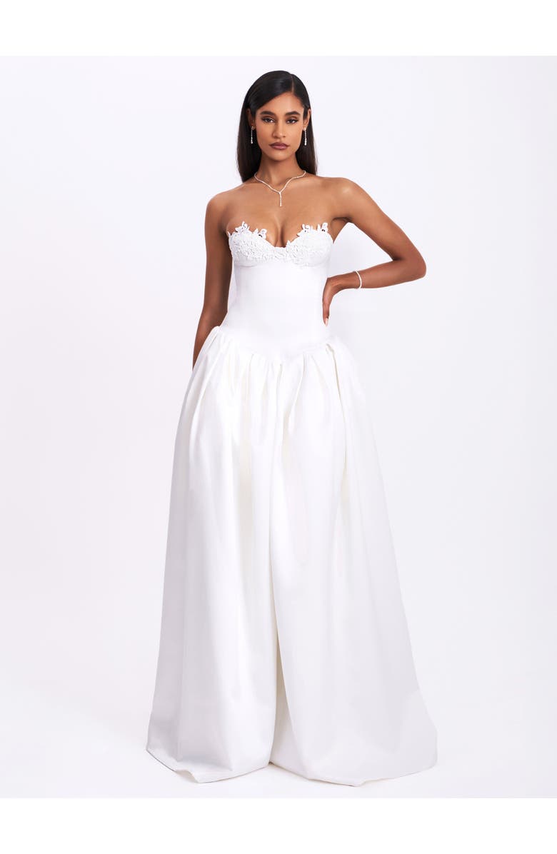 Miss Circle Naila Lace Trim Strapless Drop Waist Wedding Gown, Alternate, color, White