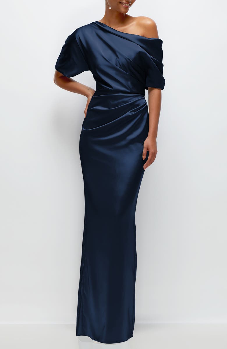 After Six Ruched One-Shoulder Satin Gown, Main, color, Midnight