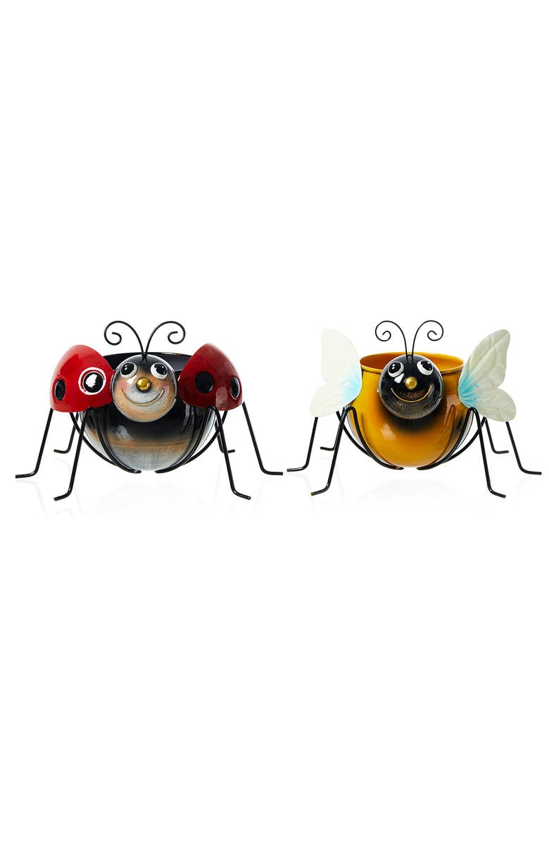 Glitzhome Set of 2 Metal Bee and Ladybug Metal Staute Planters with Drainage Hole, Alternate, color, Red