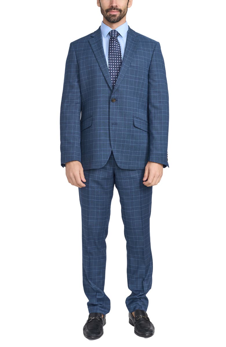 SAVILE ROW CO Blue Plaid Print Trim-Fit Suit, Main, color, Blue