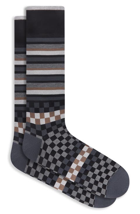 Stripe & Checkerboard Mercerized Cotton Blend Dress Socks