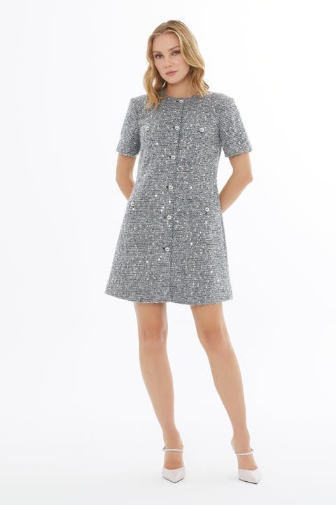 Button Closure Short Sleeve Crew Neck Dress