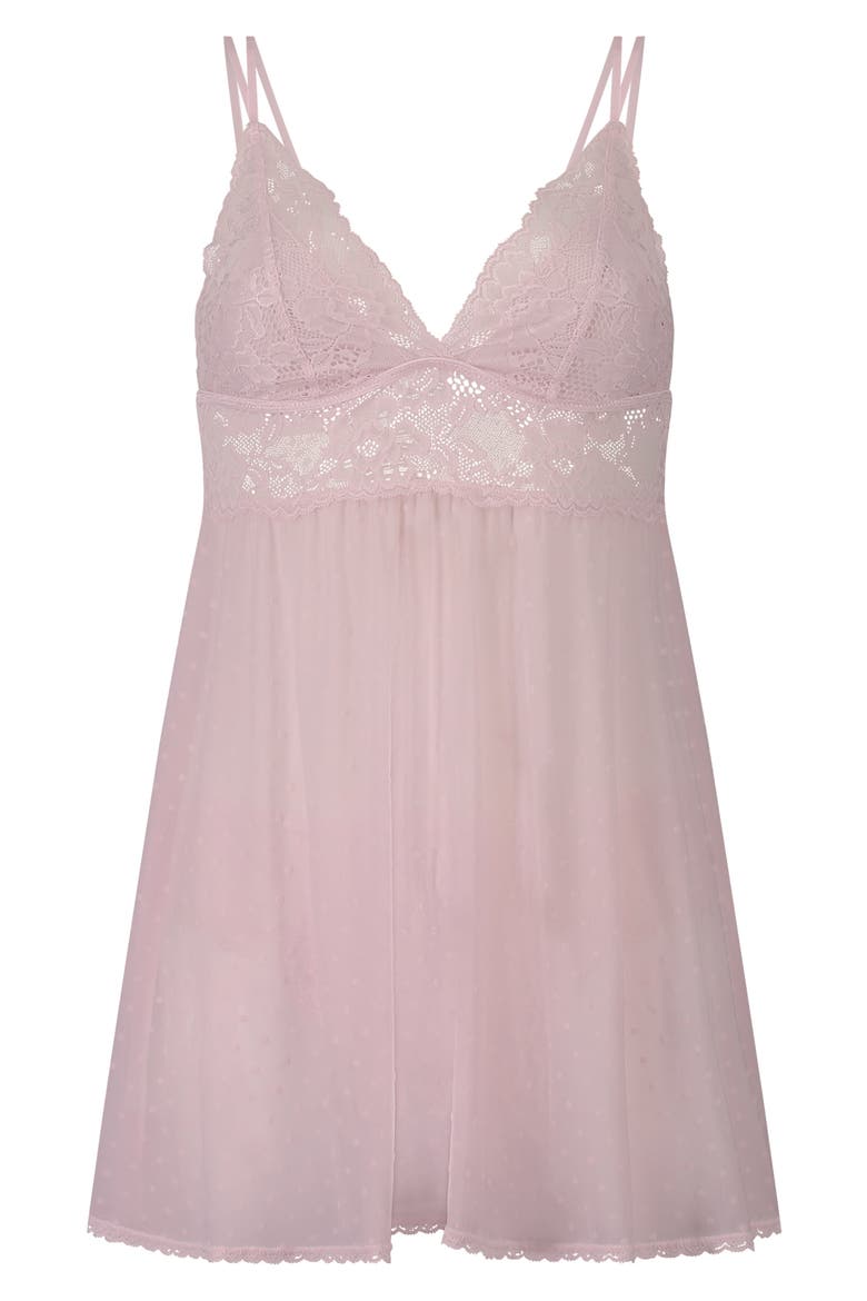 Beatriz Lace Trim Mesh Dot Babydoll Chemise, Alternate, color, PALE LILAC