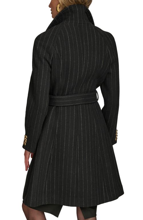 Donna Karan New York Belted Wool Wrap Coat In Black Pinstripe