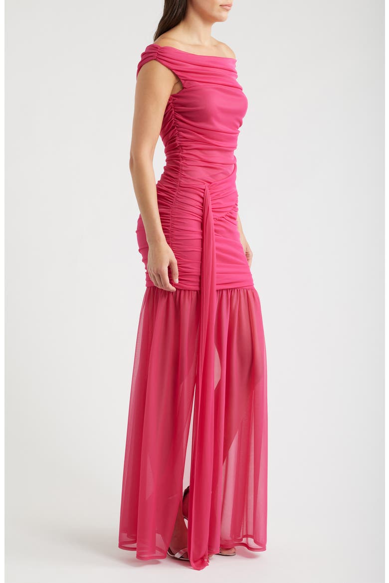 Amara Ruched Off the Shoulder Mesh Gown, Alternate, color, CERISE