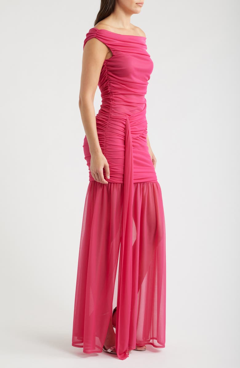 Black Halo Amara Ruched Off the Shoulder Mesh Gown, Alternate, color, Cerise