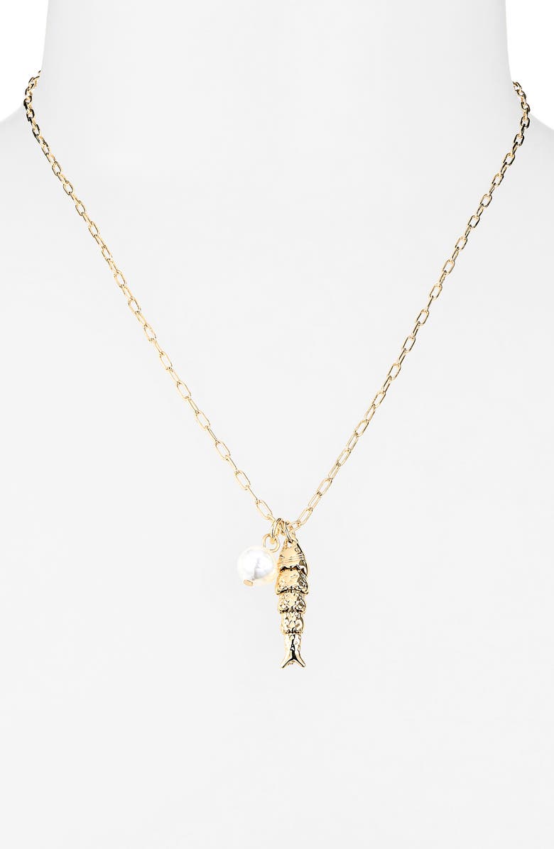 NORDSTROM RACK Demi Fine Faux Pearl & Fish Pendant Necklace, Alternate, color, White- Gold