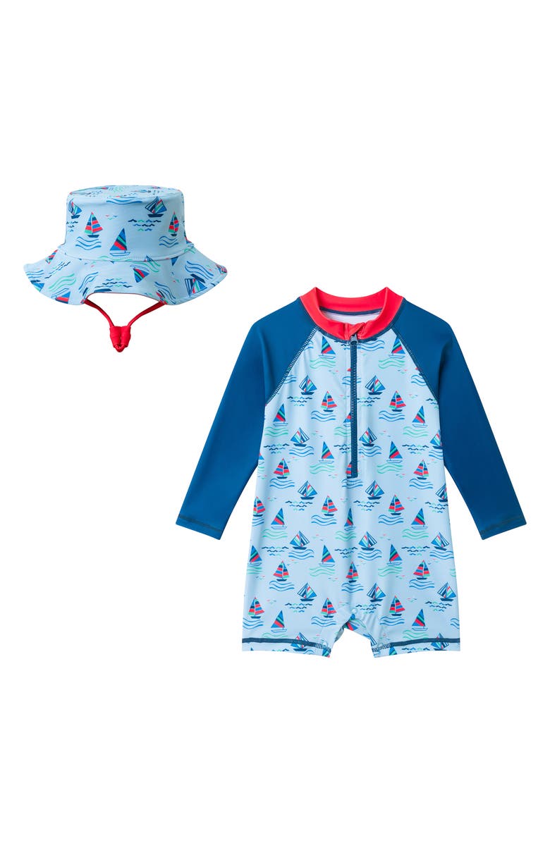 Andy & Evan Long Sleeve One-Piece Swimsuit & Sun Hat, Main, color, Navy