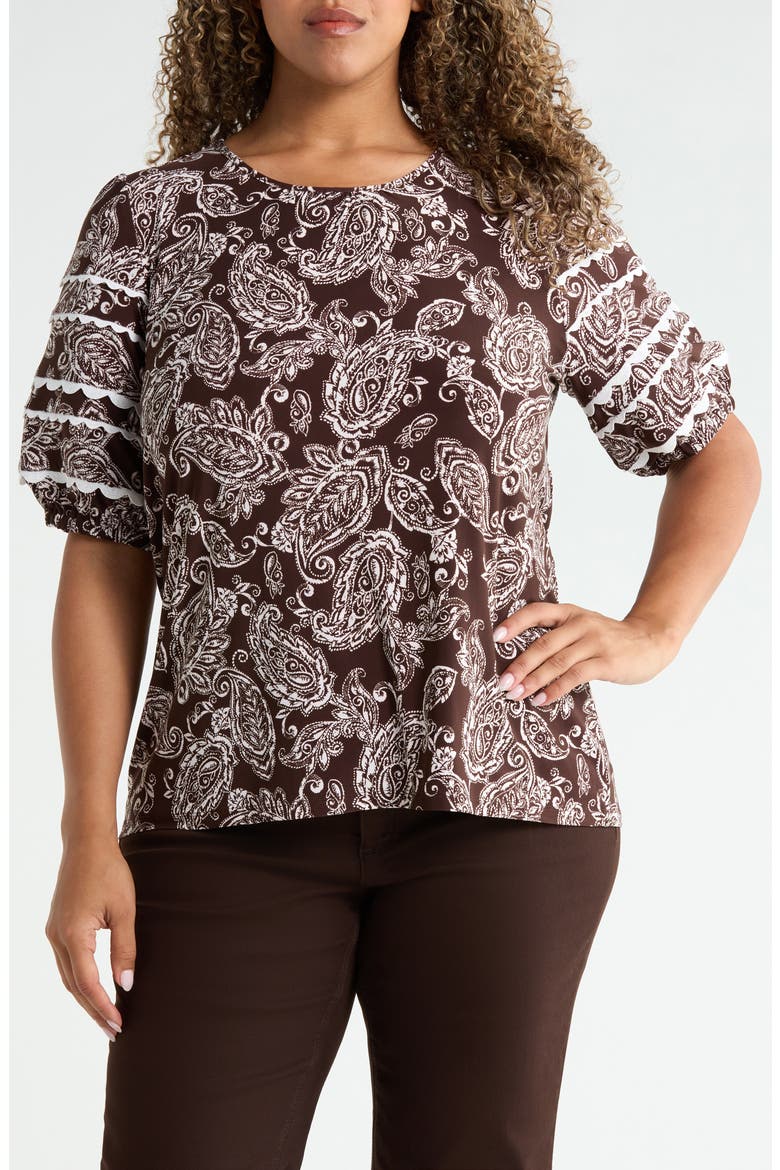 Rickrack Puff Sleeve Top, Main, color, FUDGE / WHITE SAND MULTI