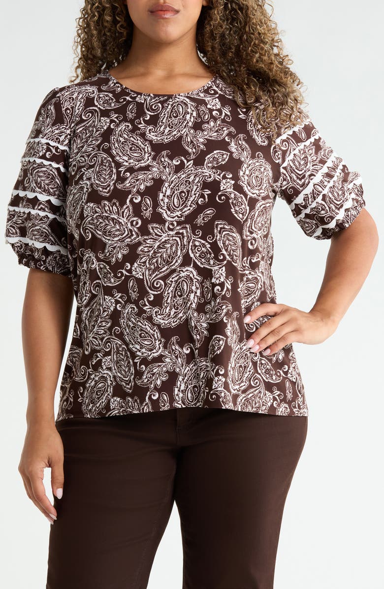 Jones New York Rickrack Puff Sleeve Top, Main, color, Fudge / White Sand Multi