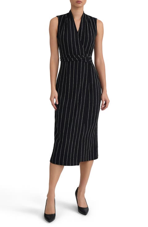Pinstripe Sleeveless Midi Wrap Dress