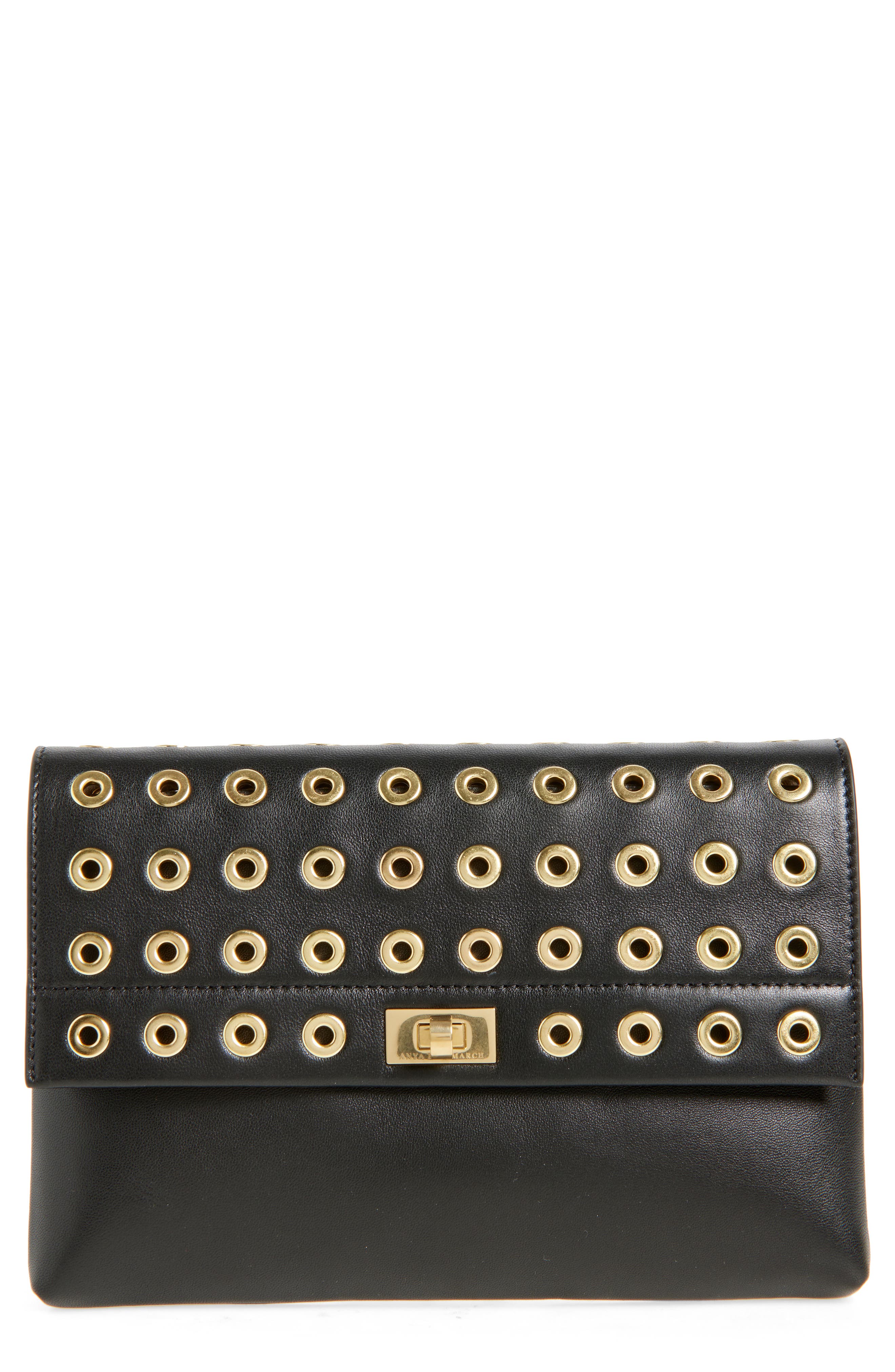 Anya Hindmarch Valorie Eyelet Leather Clutch, Main, color, Black