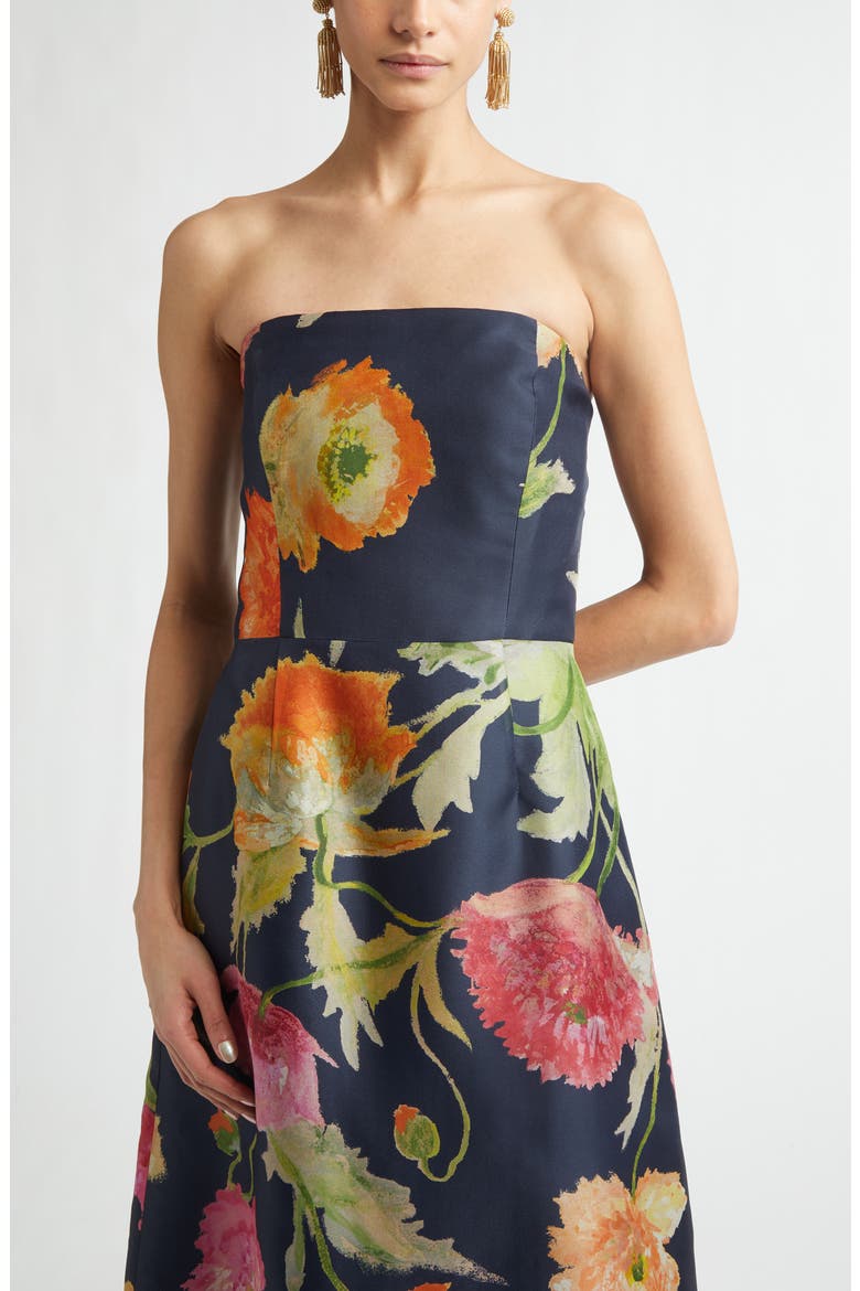 Poppy Print Strapless Silk Gown, Alternate, color, MIDNIGHT MULTI