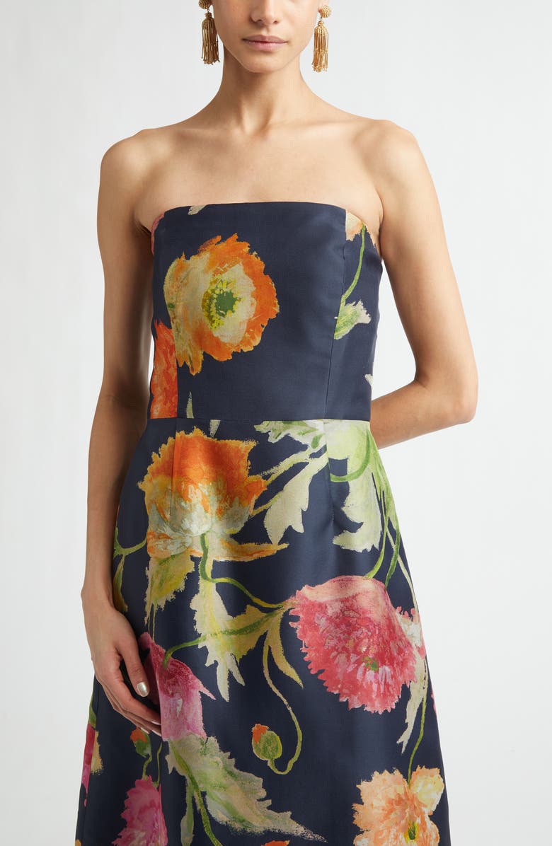 Carolina Herrera Poppy Print Strapless Silk Gown, Alternate, color, 