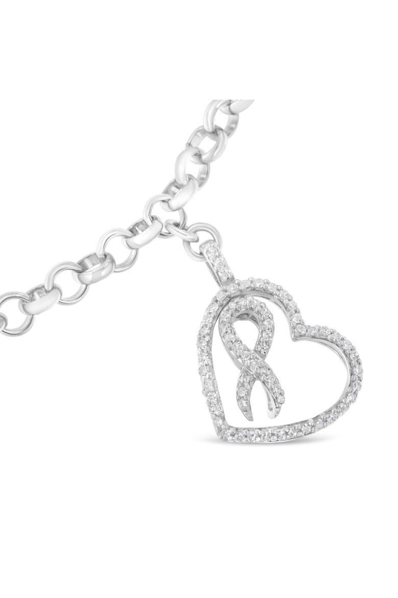 .925 Sterling Silver 1/4 Cttw Diamond-Accented Heart and Ribbon Charm Link Chain Bracelet, Alternate, color, Silver
