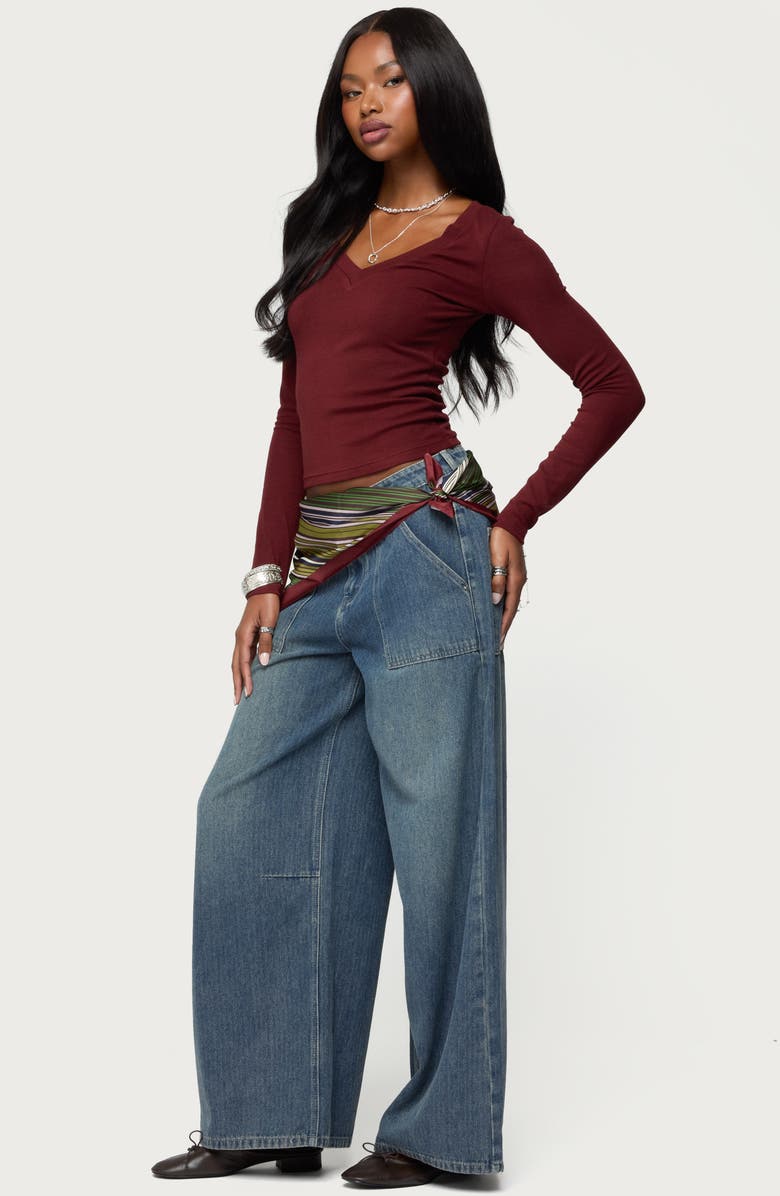 EDIKTED Larna Ribbed V-Neck Long Sleeve T-Shirt, Alternate, color, Burgundy