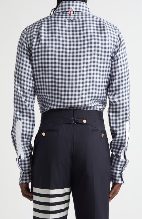 Thom Browne Gingham Straight Fit Convertible Silk Twill Button-down Shirt In Blue