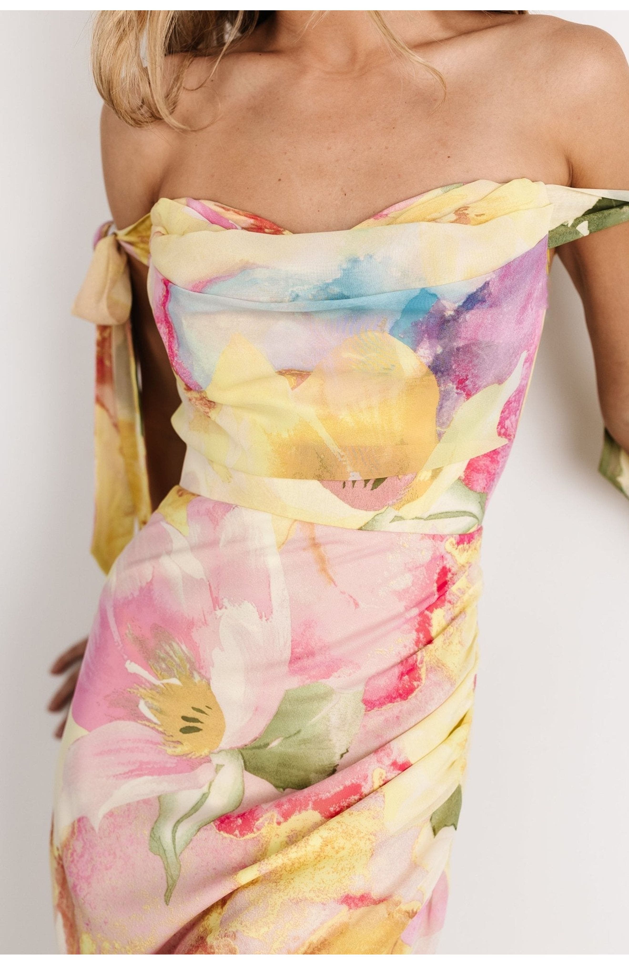 off the shoulder floral dress asos ASOS DESIGN stretch chiffon long sleeve off the shoulder maxi dress with  ruffle hem in floral print