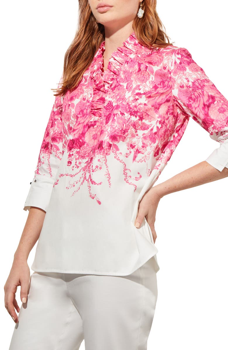 Ming Wang Ruffle Collar Floral Cotton Shirt, Alternate, color, 