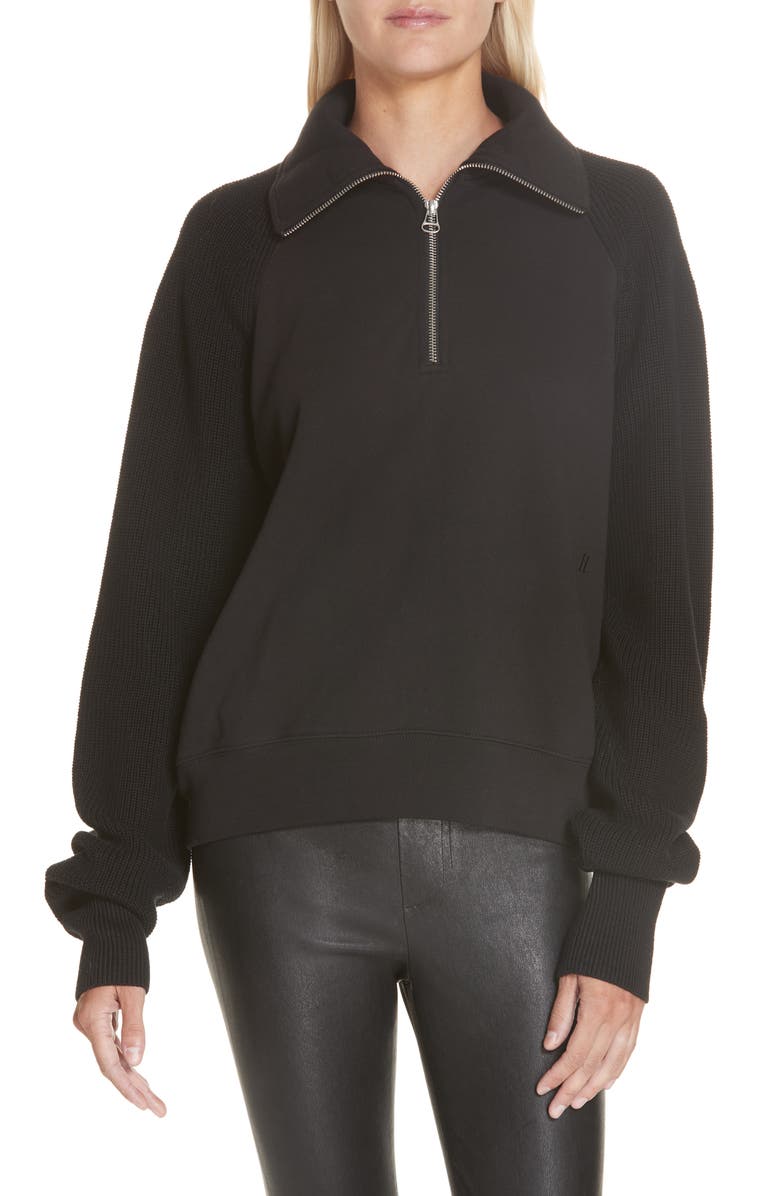 Helmut Lang Contrast Sleeve Quarter Zip Sweatshirt, Main, color, 