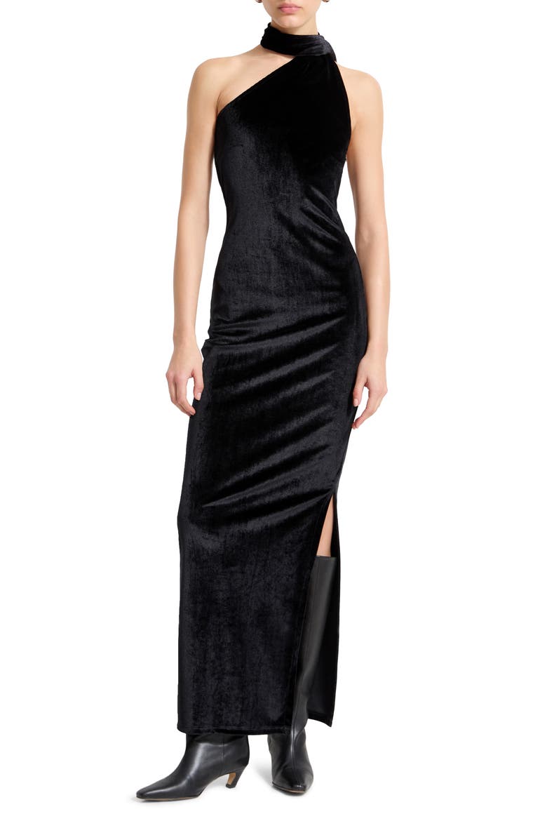 Manhattan One-Shoulder Velvet Gown, Main, color, BLACK