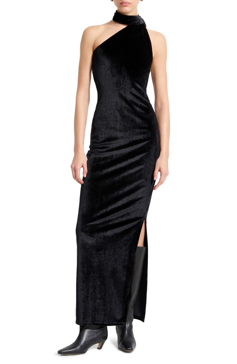 Marcella Manhattan One-Shoulder Velvet Gown, Main, color, Black